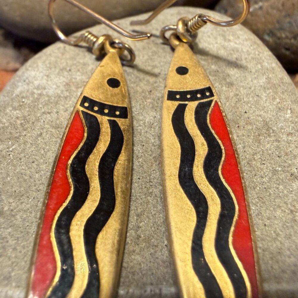 Laurel Burch Earrings NILE FISH Cloisonné Vintage 1980s Black Red Gold - Picture 2 of 3